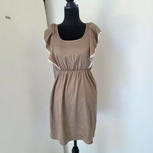 Bee Stitched Size Small Dress Tan Beige White Shirred Waist Satin Ruffle Sleeve